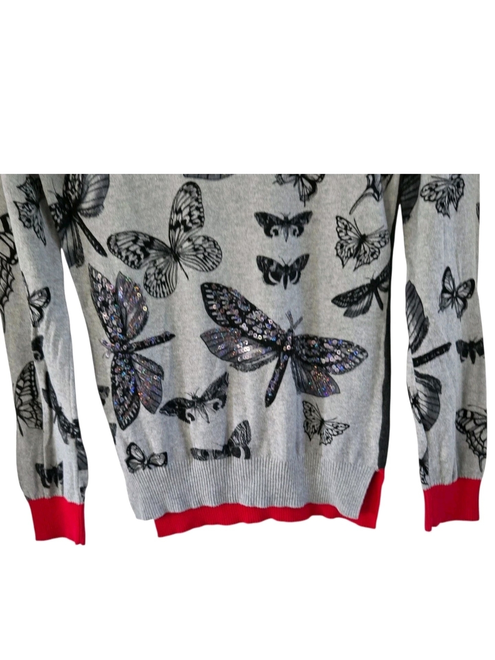 DESIGUAL Sequin Butterfly Sweater Gray Black Top Womens Size L - Picture 3 of 12